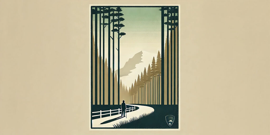 Vintage-inspired illustration of a person walking through a tranquil forest path with a distant mountain, symbolizing reflection and the journey to overcoming addiction through Christian therapy.