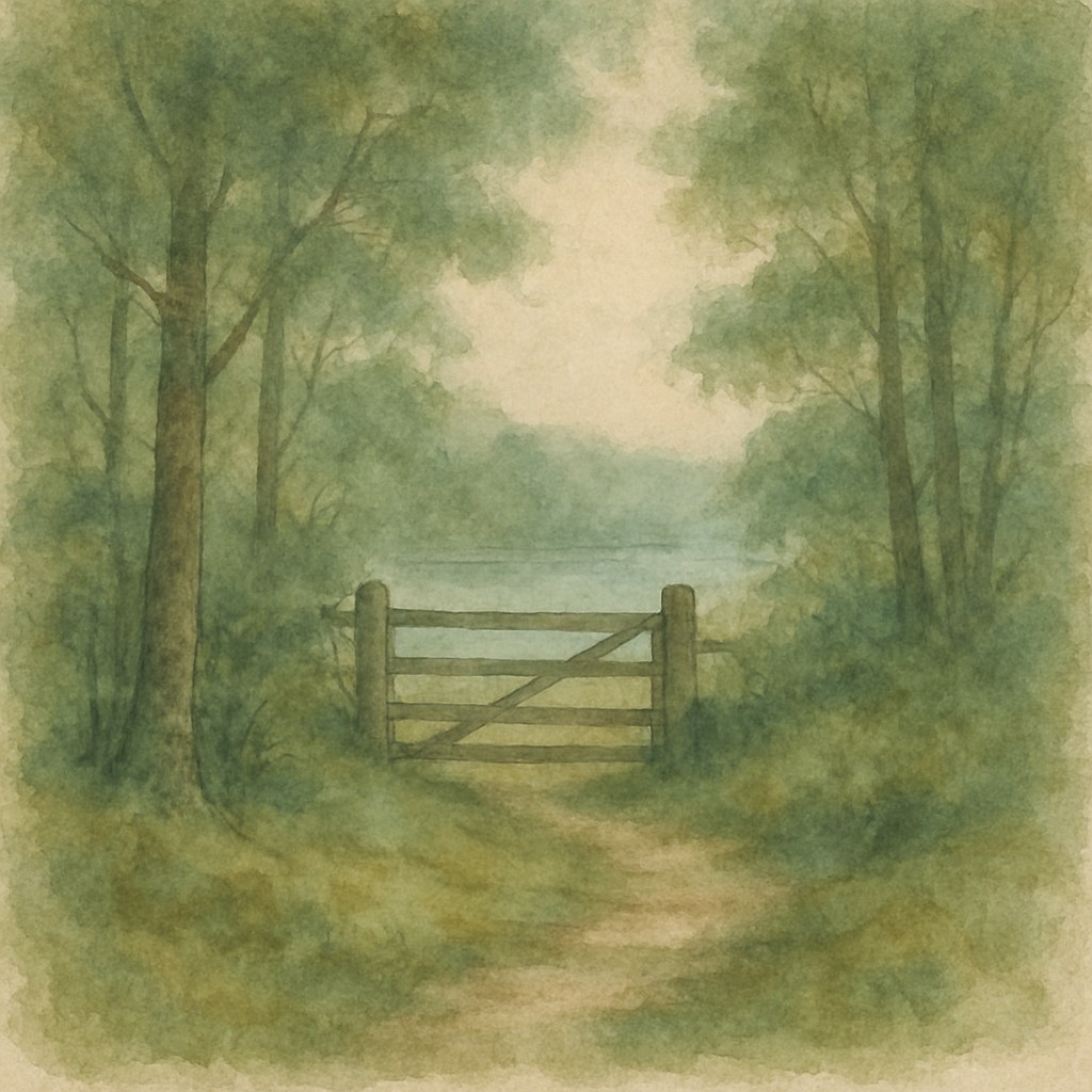 Watercolor of a closed wooden gate on a mossy forest path