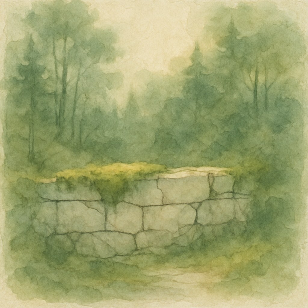 Watercolor of a cracked stone wall with moss beginning to grow back