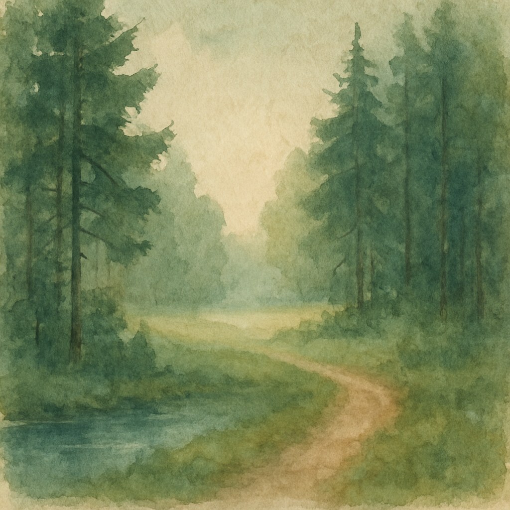 Watercolor of a forest edge opening into soft meadow light