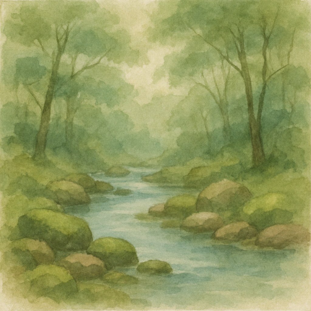 Watercolor of a gentle stream winding through mossy stones
