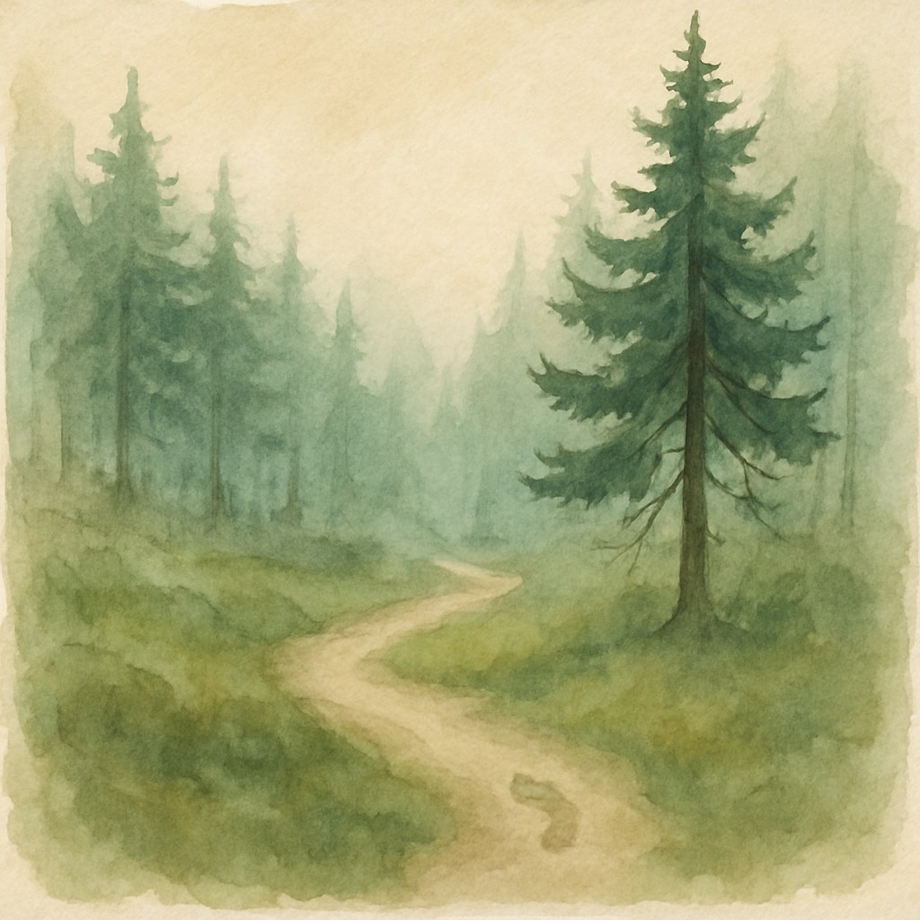 Watercolor of a quiet path entering a misty pine forest