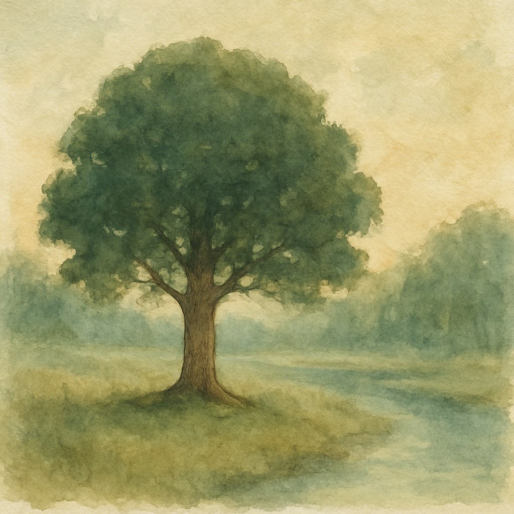 Watercolor of a solid oak standing alone in a meadow at dawn