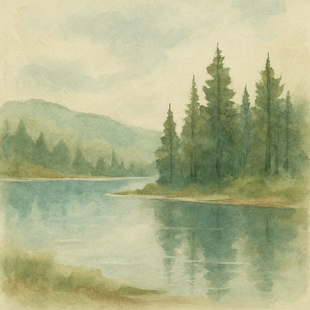 Watercolor of a still mountain lake after rain with pines along the shore