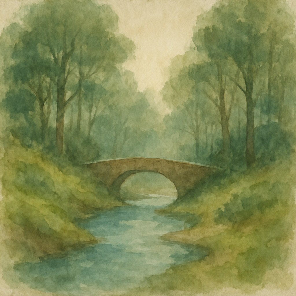 Watercolor of a stone footbridge joining two mossy riverbanks