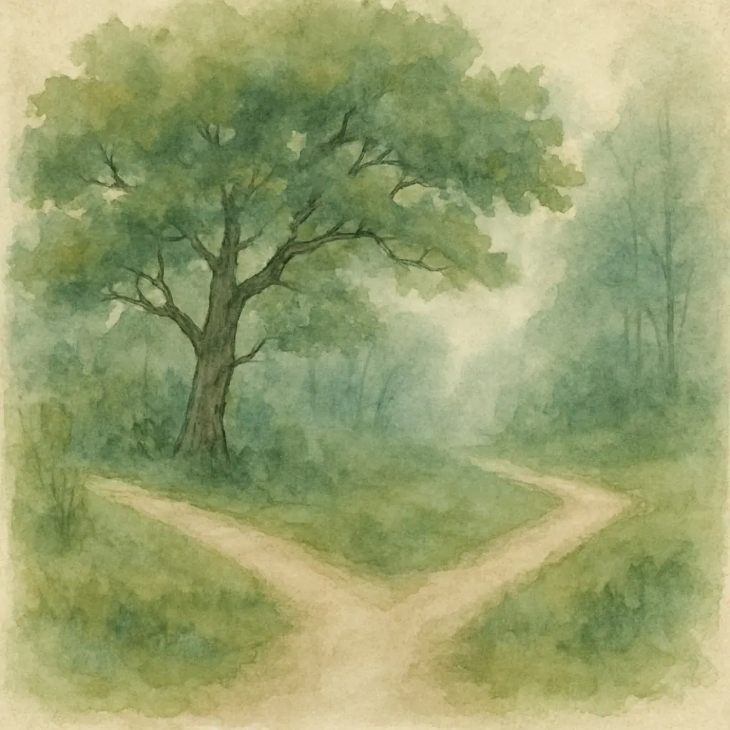 Watercolor of a woodland path forking under a soft oak canopy