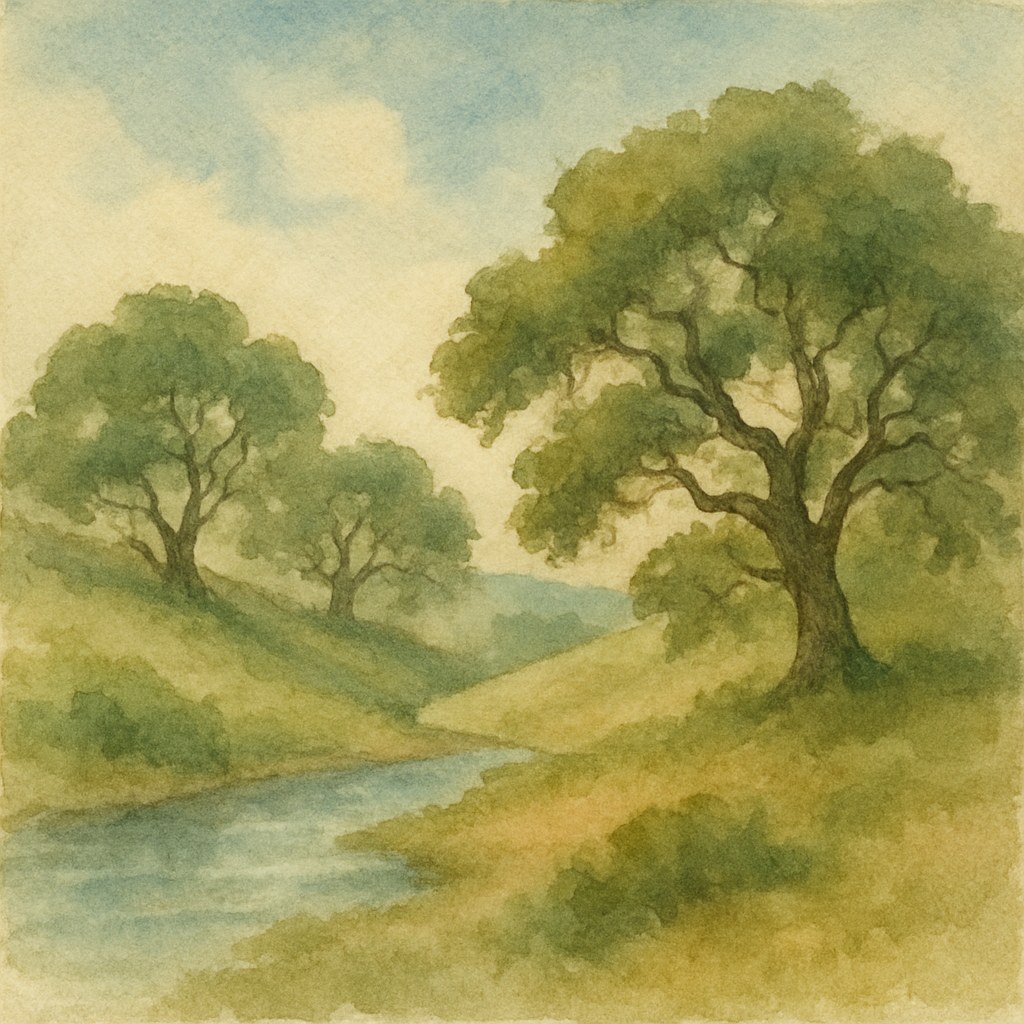 Watercolor of California oaks on a soft hillside under a river-blue sky