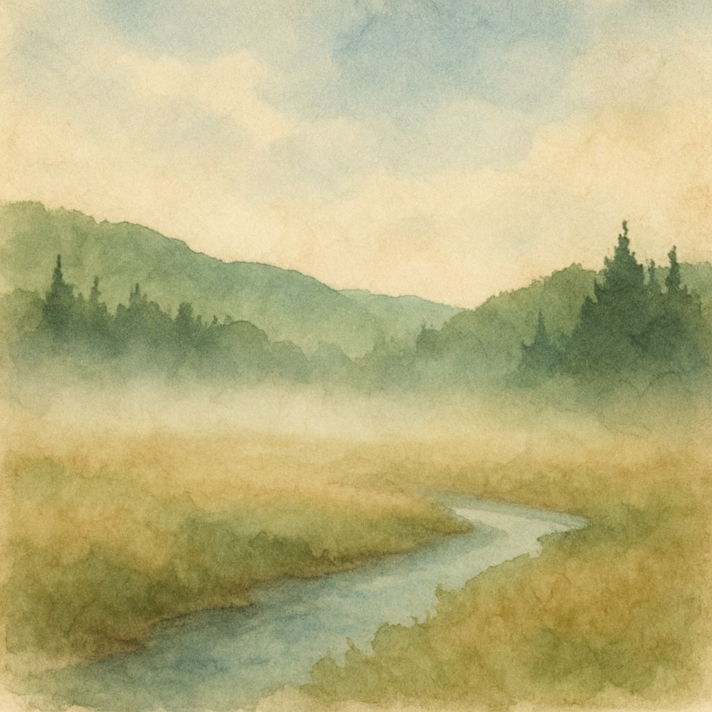 Watercolor of mist lifting from a meadow at first light