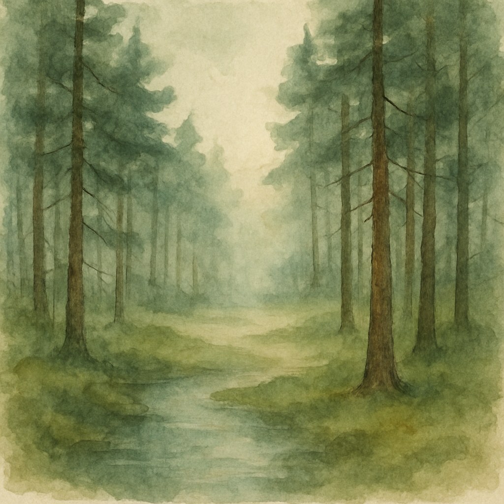 Watercolor of morning light through rain-washed pines into a calm clearing