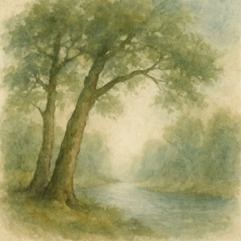 Watercolor of two oak trees leaning toward each other after a storm, soft mist lifting